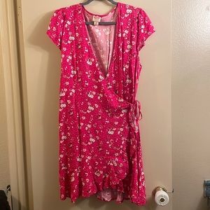 Hot pink spring dress w/ white floral print.